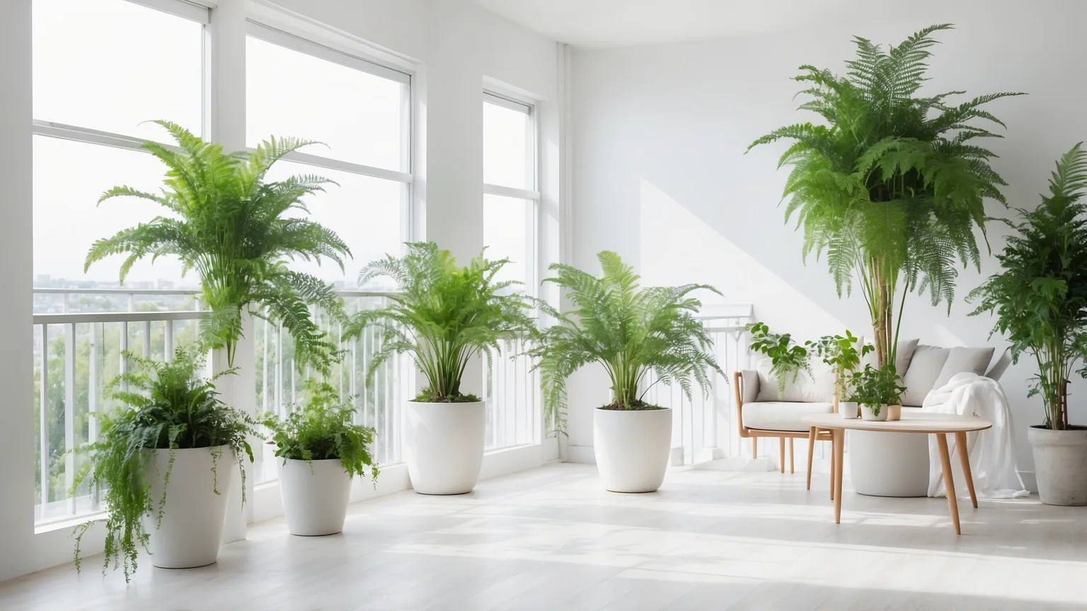 Schattiger Balkon mit Farnen und weiß blühenden Pflanzen