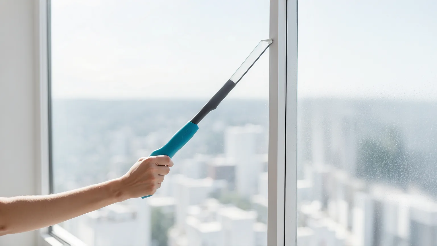 Fenster wird mit einem Abzieher gereinigt